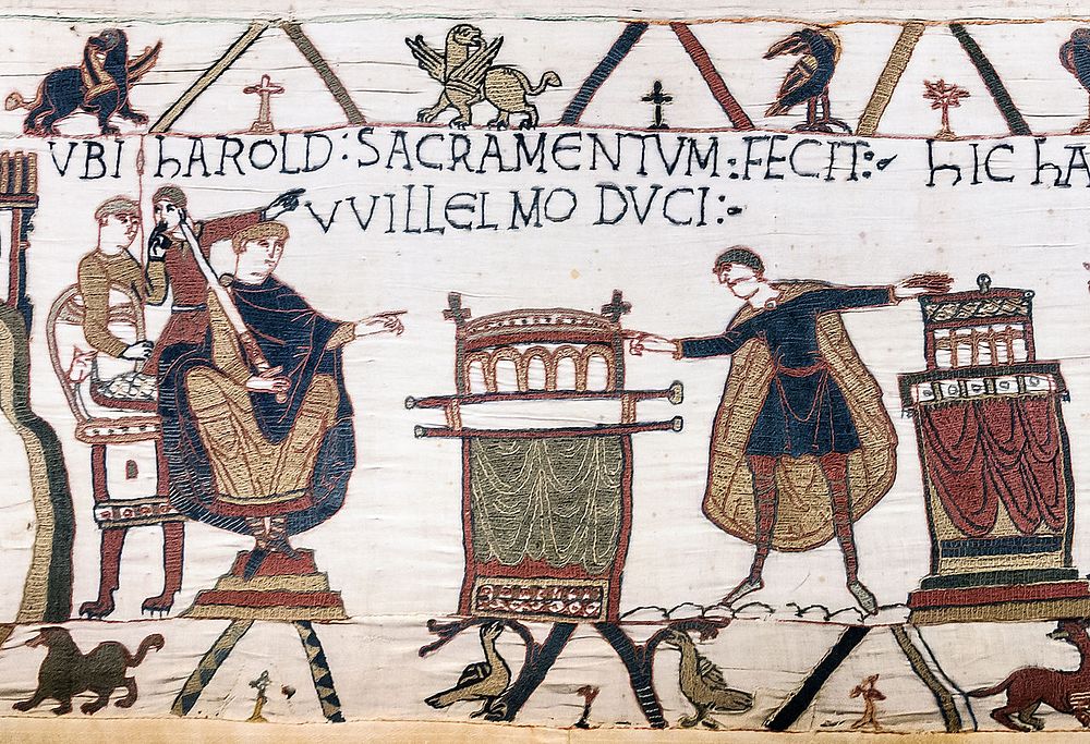 Bayeux Tapestry showing Harold swearing a feudal oath in 11th century.