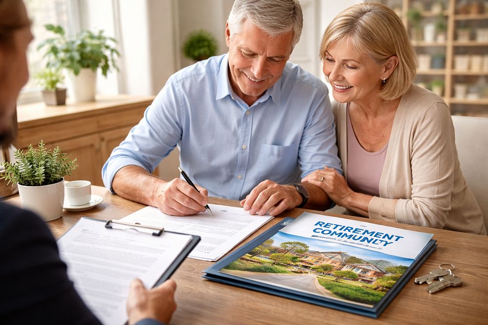 Older couple reviewing retirement community property contract with a sales representative