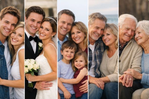 Life stages collage showing couple, wedding, family with children, and elderly couple