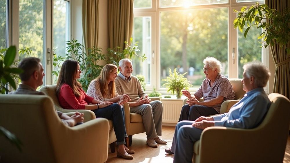 Family discussing elderly parent’s care and independence in a living room