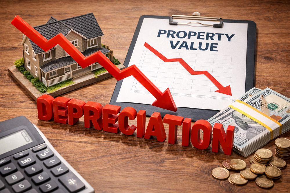 Property value chart showing depreciation beside house model and cash