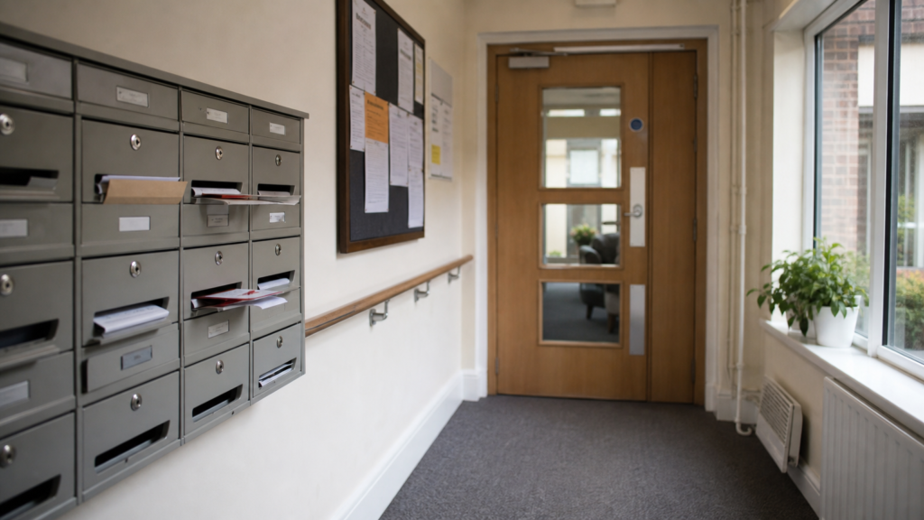 Quiet retirement housing corridor with mailboxes and communal doorway