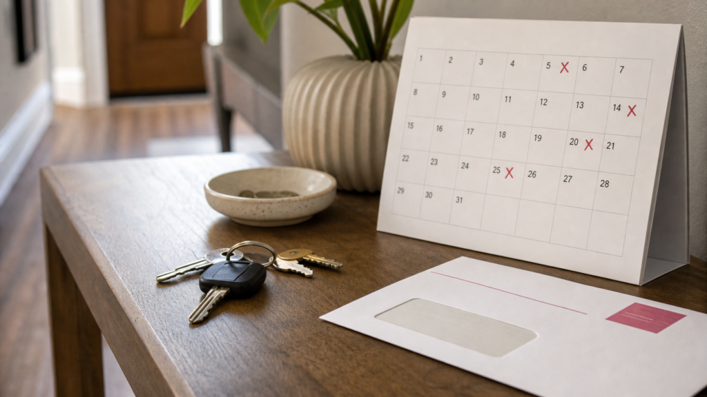 Close-up of keys, calendar and generic charge notice arranged on a sideboard