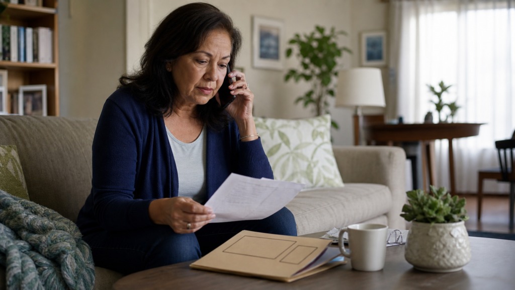 Adult relative speaking calmly on a phone beside a retirement flat sale folder