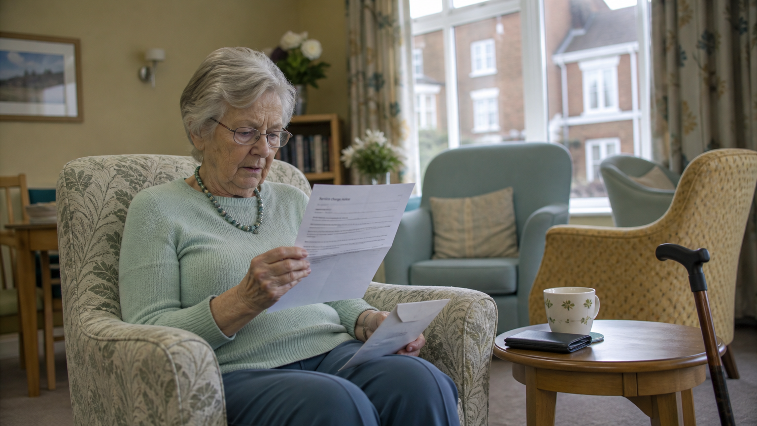 Older leaseholder looking at a service charge notice in a retirement apartment communal area