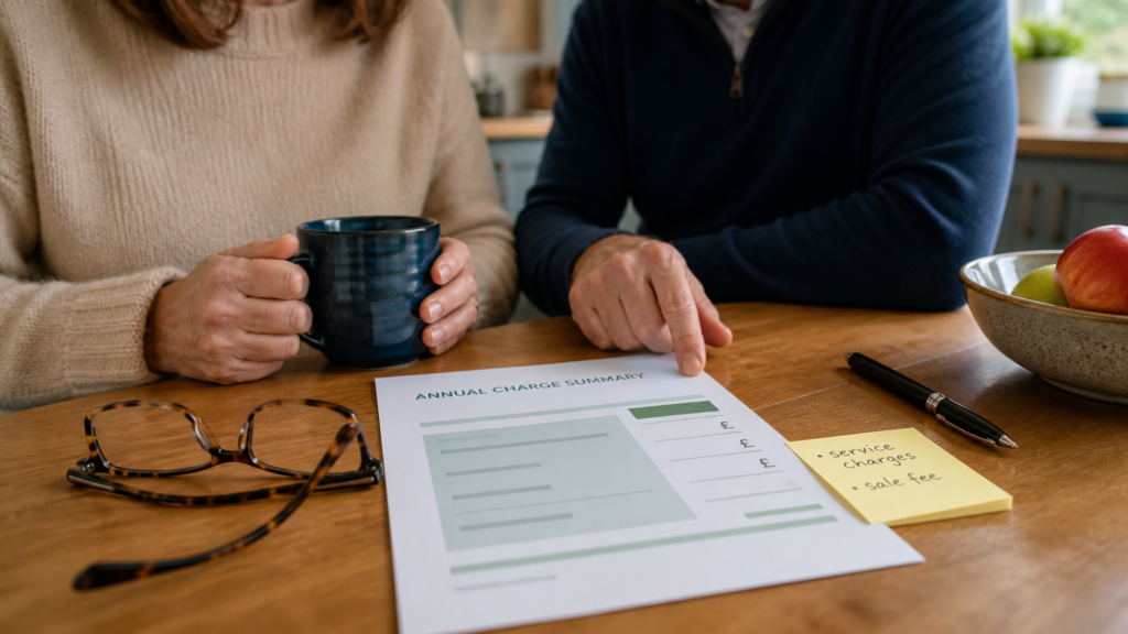 Calculator beside a generic retirement service charge budget and event fee note